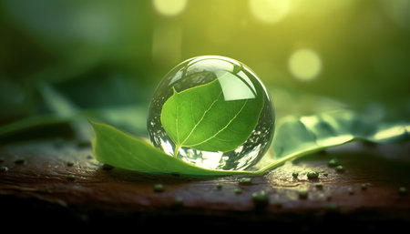 Green leaf with crystal ball on old wood background. Ecology concept.の素材