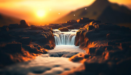 Fantasy landscape with waterfall. 3d rendering. Computer digital drawing.の素材