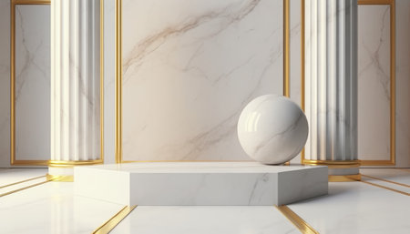 White marble pedestal with golden columns and white marble ball. 3d renderingの素材