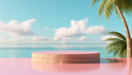 3d render of minimal scene with podium and palm tree on the beachの素材