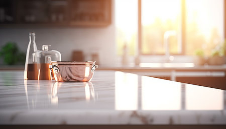 Close up of empty kitchen countertop with cooking utensils. Mock up, 3D Renderingの素材