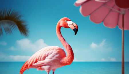 Pink flamingo on the beach with a pink umbrella. 3d renderingの素材