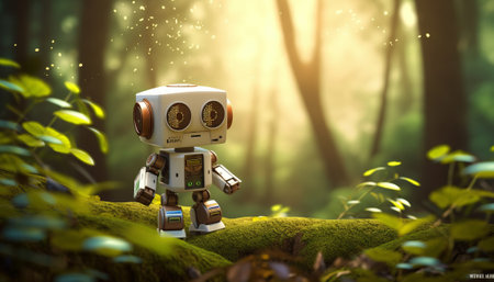 Robot in the green forest. 3d render and illustration.の素材