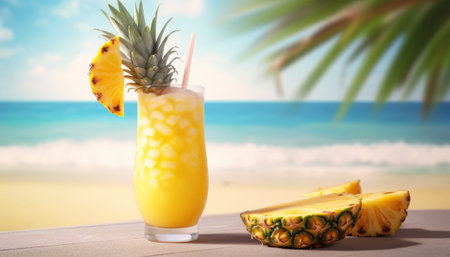 Pineapple smoothie on the beach with palm tree and blue skyの素材