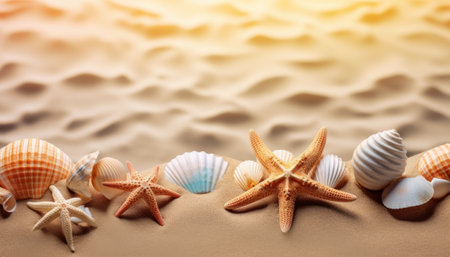 Seashells and starfish on sandy beach. Summer backgroundの素材
