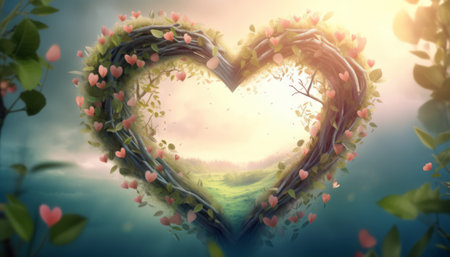 Heart shape made of flowers and leaves on nature background. Valentine's dayの素材