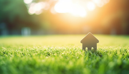 Little house model on green grass with sunlight background. Real estate concept.の素材