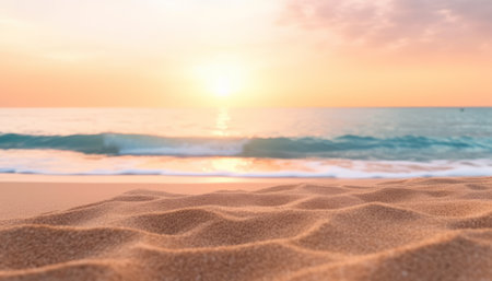 Blur beach with bokeh sun light wave abstract background.の素材