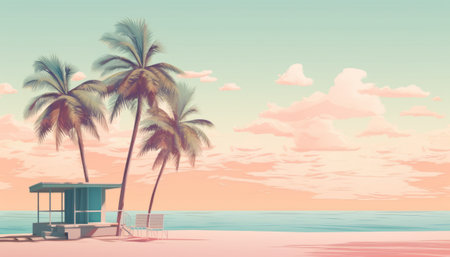 Tropical beach with palm trees at sunset. Vector illustration.の素材