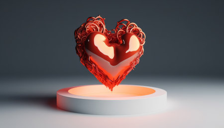 Valentine's Day 3D illustration. Red heart on white podium.の素材