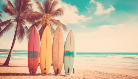Surfboards on the beach with palm tree background - vintage filterの素材