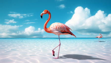 Pink flamingo on the beach in a sunny day. 3d renderingの素材