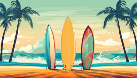 Surfboards on the beach with palm trees. Vector illustration.の素材