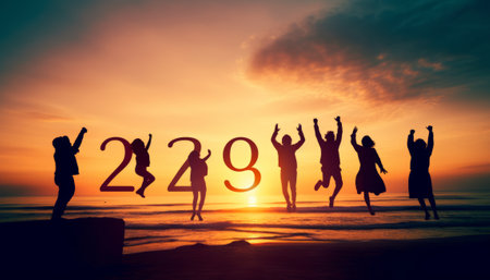 Silhouette of people jumping on the beach at the sunset time. Concept of happy new year.の素材