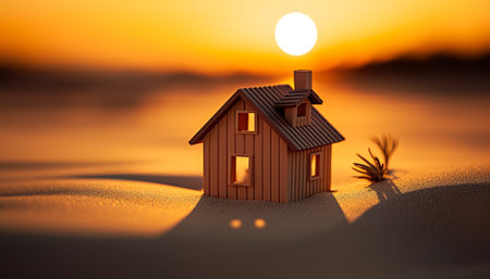 House in the desert at sunset. 3D render. Conceptual image.の素材