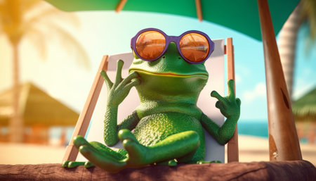3d render of green frog with sunglasses and sun loungerの素材