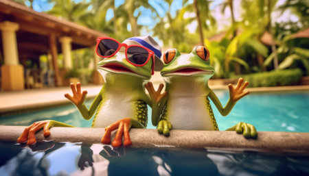 Frog in sunglasses on the background of the swimming pool. Vacation conceptの素材
