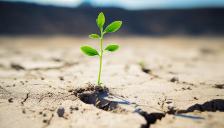 Green seedling growing from crack on dry soil. Earth day conceptの素材