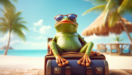 Frog sitting on a suitcase on a tropical beach. 3d renderingの素材