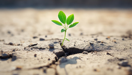 Plant growing on cracked ground, Global warming and climate change conceptの素材
