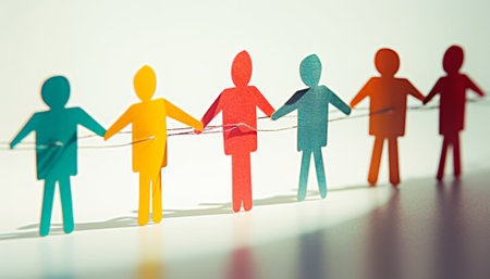 Group of paper people holding rope on white background. Teamwork conceptの素材