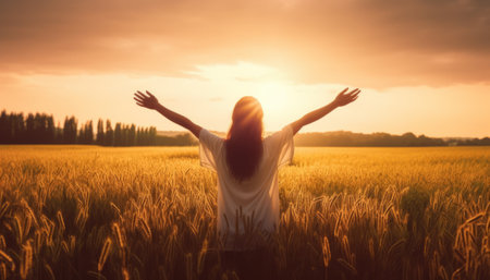 Rear view of young woman with arms outstretched in wheat field at sunsetの素材