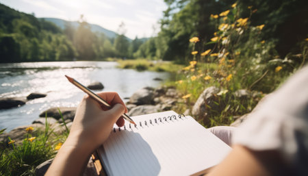 Woman writing in notepad on the background of a mountain river.の素材