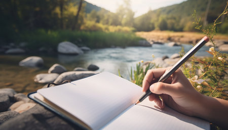 Woman writing in a notebook on the background of a mountain river.の素材
