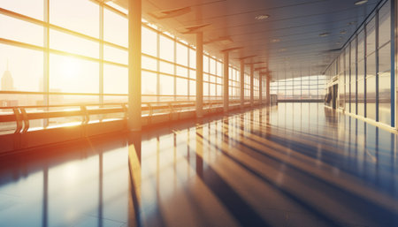 Empty airport terminal interior with bright sunlight. 3d rendering toned imageの素材
