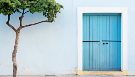Blue door on blue wall with tree in the background,Vintage toneの素材