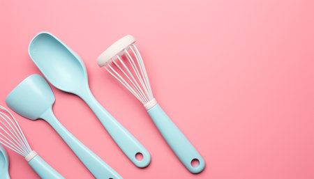 Blue kitchen utensils on pink background. Top view with copy spaceの素材