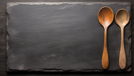 Wooden spoon and black slate board on wooden background. Top viewの素材