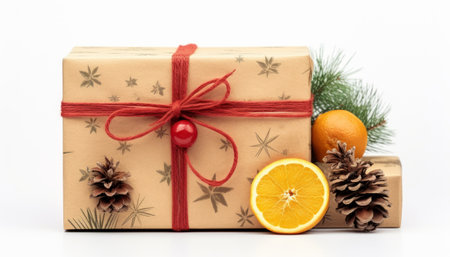 Christmas gift box with red ribbon, orange and pine cones on white backgroundの素材