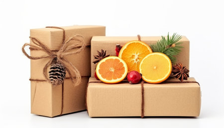 Christmas gift boxes with spices and fruits isolated on a white background.の素材