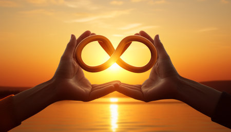 Silhouette of hands holding infinity symbol on the sunset background.の素材
