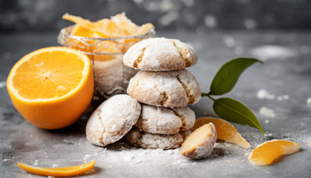Homemade cookies with orange and powdered sugar on a gray background.の素材