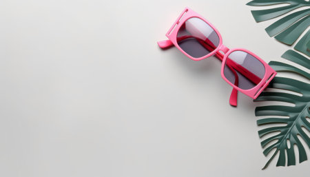 Pink sunglasses and tropical leaves on white background. Flat lay, top view.の素材