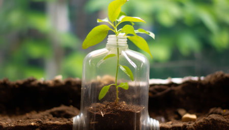 Plant growing in glass bottle. Concept of ecology, environment protection.の素材