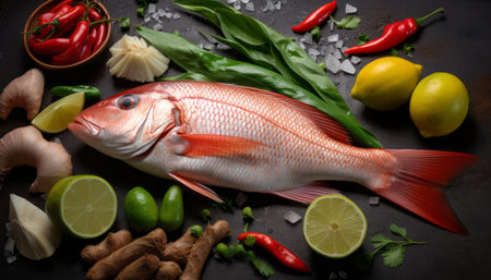 Fresh fish and ingredients for cooking on dark background. Top view.の素材
