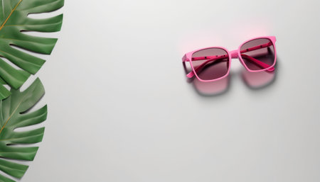 Pink sunglasses with palm leaf on white background. 3d rendering.の素材