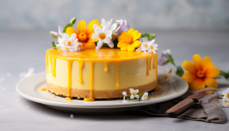 Delicious cheesecake with spring flowers on grey table, closeupの素材