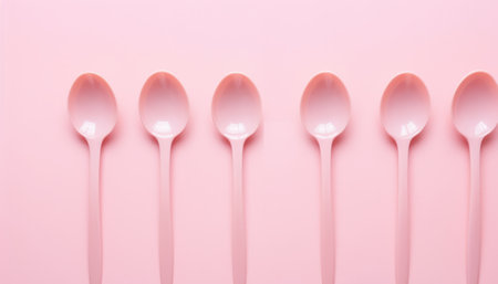 Pink plastic spoons on a pink background. Flat lay, top view.の素材