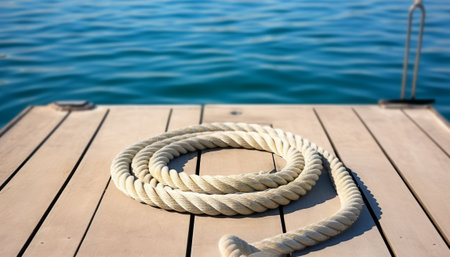 Rope on wooden pier with sea and blue sky in background.の素材