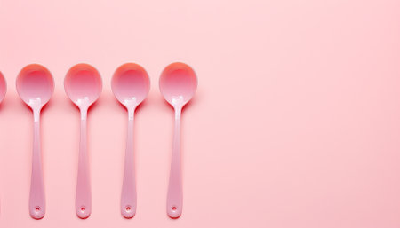 Pink plastic spoons on a pink background. Place for text.の素材