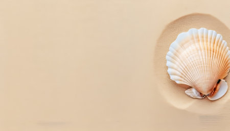 Seashells on a beige background. Copy space.の素材