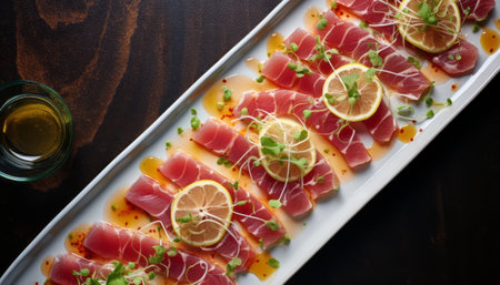 slices of japanese tuna carpaccio on white plateの素材