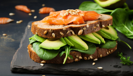 Sandwich with salmon, avocado and spinach on a black background.の素材