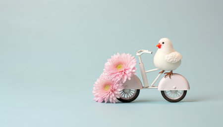 Cute white toy chicken with pink flowers on a bicycle on a blue backgroundの素材