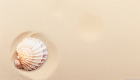 Sea shell on sand with copy space for your text. Top viewの素材