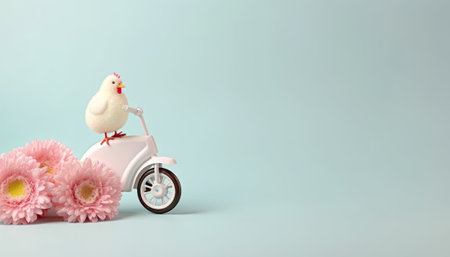 Cute white chicken on a bicycle with pink flowers on pastel blue backgroundの素材